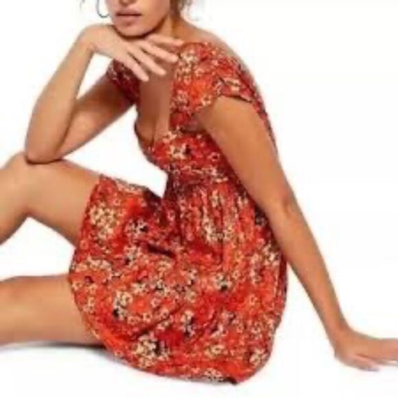 Free People Pattern Play /Women's LinenBlend Orange Floral Mini Dress Sz XS - Picture 2 of 10